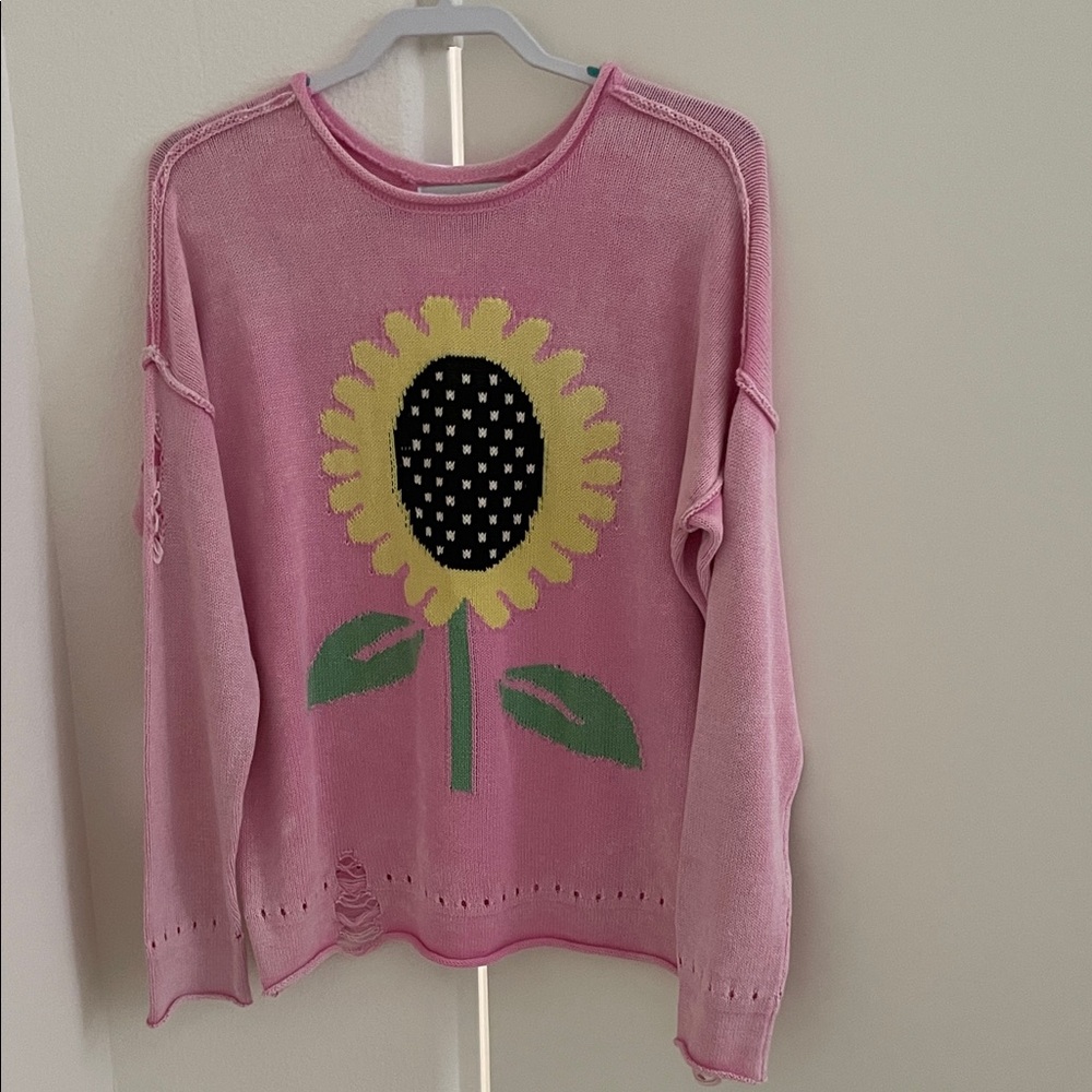 Wildfox Pink Sunflower Distressed Oversized  Sweater